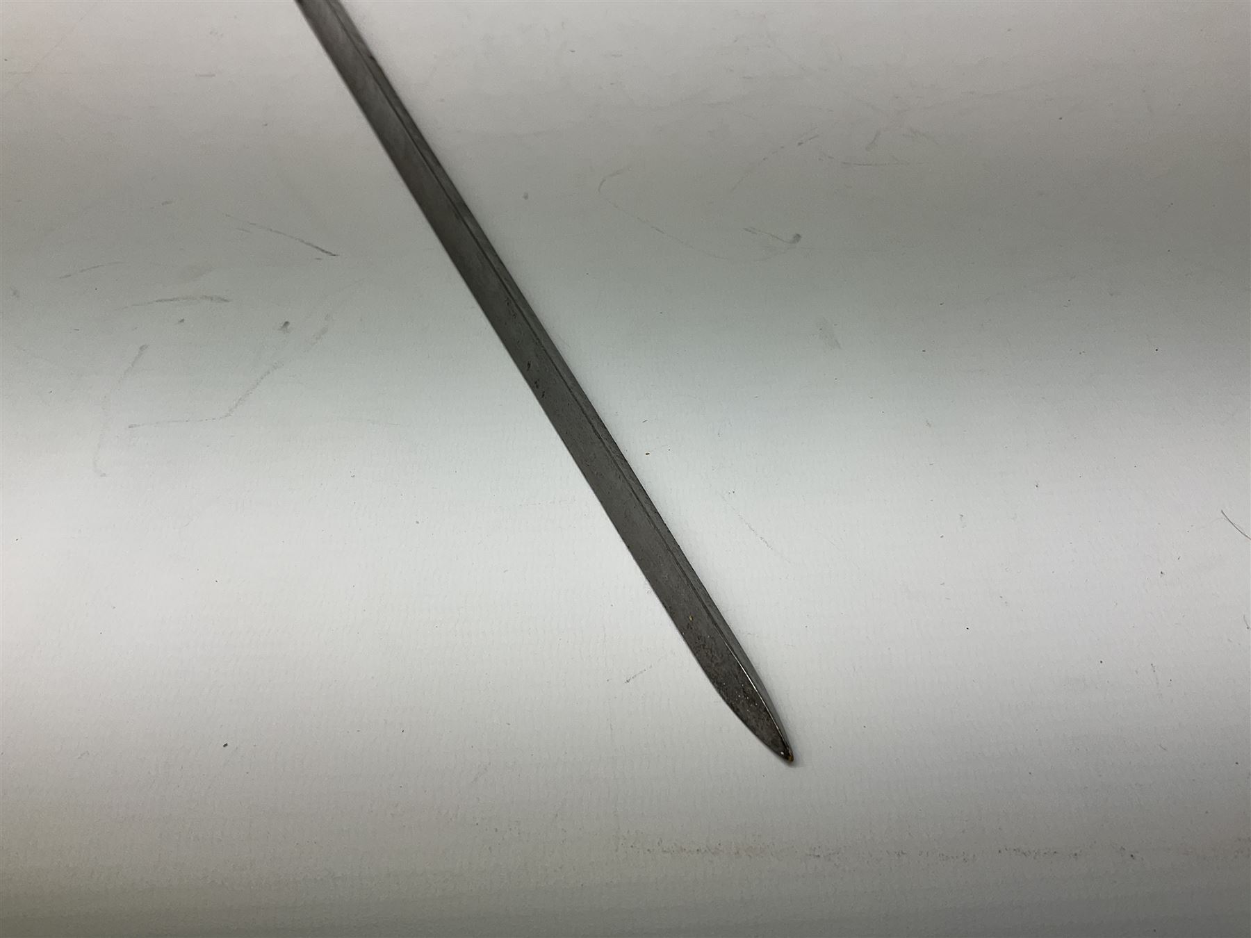 British pattern 1876 socket bayonet with 55cm triangular blade; another smaller socket bayonet; and a leather shot flask, the brass action marked Sykes (3)