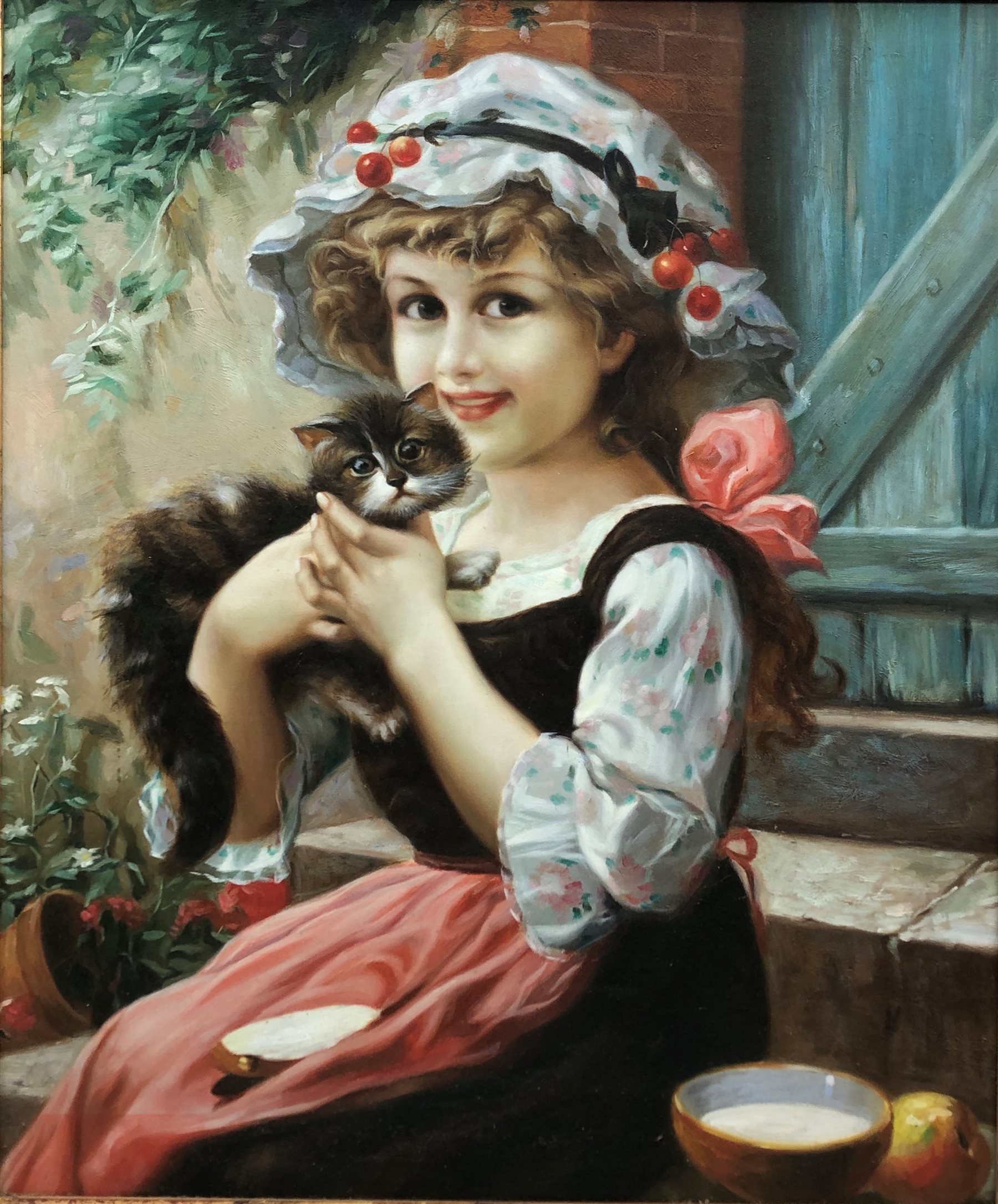 English School (Late 20th century): Girl with a Kitten, oil on canvas laid on board unsigned 59cm x 49cm