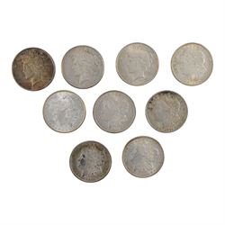 Six United States of America silver Morgan dollars, 1888 (1) and 1921 (5), and three silve...