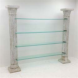 Architectural four shelf glass shelving unit supported by two Corinthian columns, W205cm, H179cm, D30cm