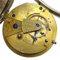 Victorian silver open face English lever fusee pocket watch by William Boards, 13 Queen Street Hull, cream enamel dial with Roman numerals and subsidiary seconds dial, case by Selim Samuel, London 1883