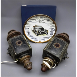  Pair of Victorian copper and tin-plate coach lamps, each of cuboid form with bevelled glass panels to two sides, adapted for electricity, H40cm, and Coalport 1985 Centenary of the Motor Car commemorative plate, boxed (3)  