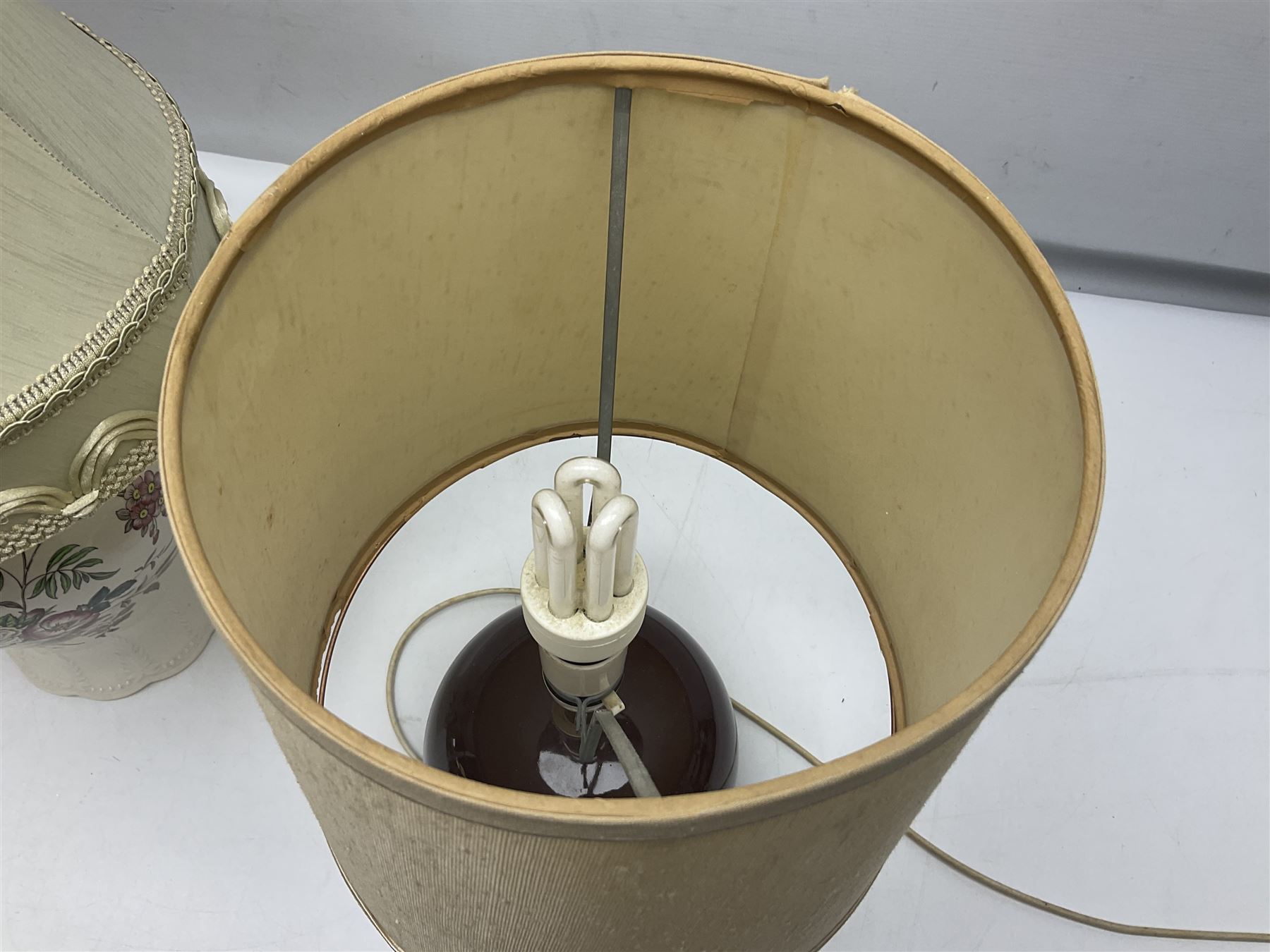 Copeland Spode table lamp with floral decoration, together with another table lamp, largest with shade H57cm