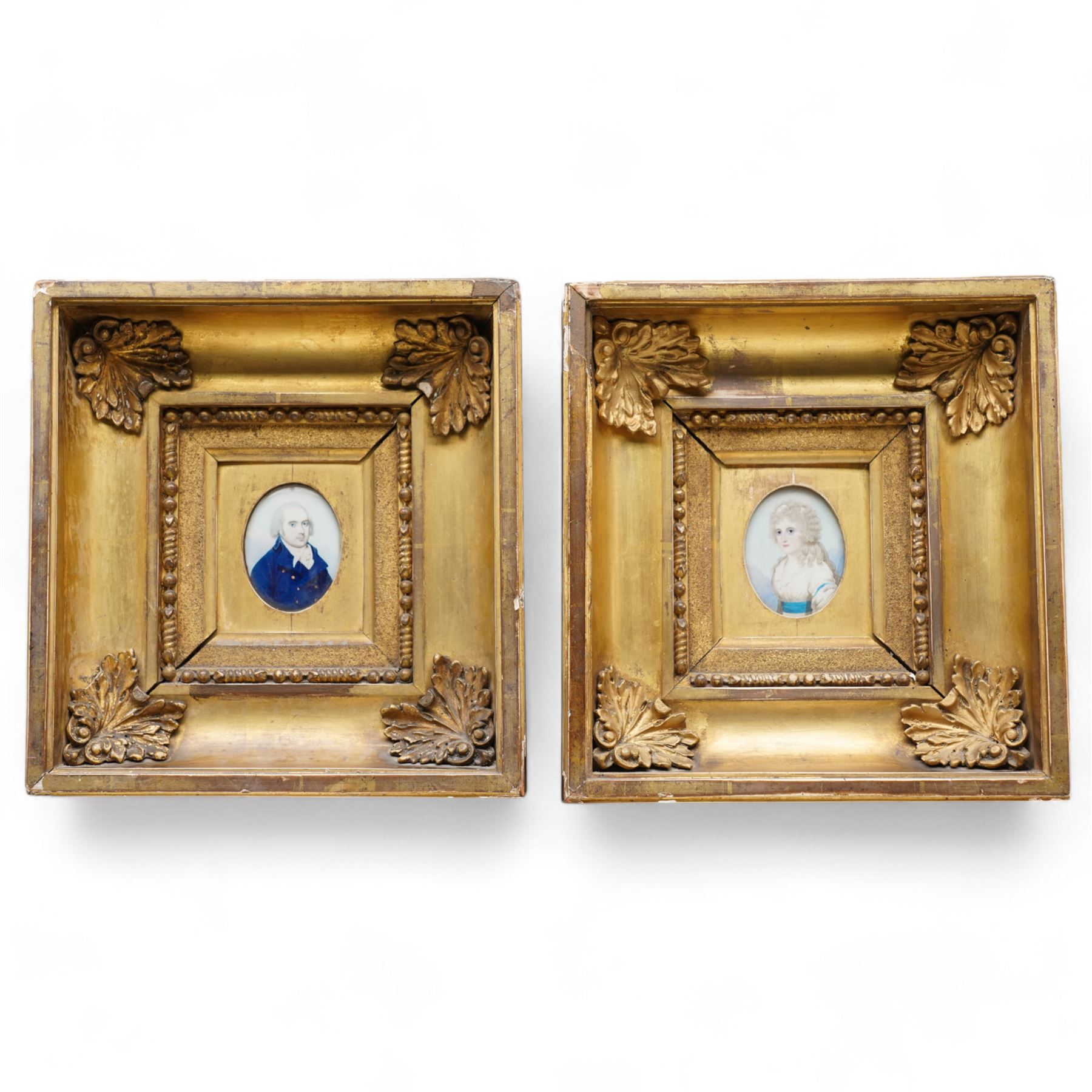 Frederick Buck (Irish 1771-1840): Portrait of 'Edward Deane-Freeman Deane Esq.' (Irish 1760-1826) Wearing a Blue Jacket and Mary Deane Freeman née Plummer (Irish 1760-?) Wearing a White Gown, pair of miniature watercolours on ivory unsigned, the former inscribed verso 7cm x 5cm (2)
Provence: direct from the family of the sitters.
Notes: Jane, the daughter of Mary and Edward, married Sackville Robert Hamilton (1780-1853), the grandson of the The Honourable Henry Hamilton (1692-1743). These items have been registered for sale under Section 10 of the APHA Ivory Act