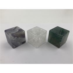 Ten cube mineral specimens, each cut and polished to highlight natural formations, including tiger eye, green aventurine, rose quartz, opalite, amethyst etc, H3cm 
