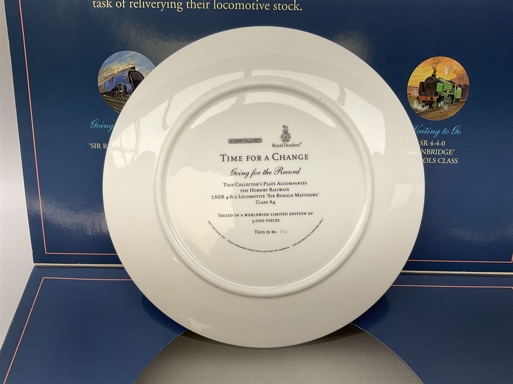 Hornby Railways '00' gauge - 'Time For A Change' 50th Anniversary Collection Limited Edition ceramic plate and locomotive set, No. R649, containing A4 4-6-2 locomotive 'Sir Ronald Matthews' No. 1, L.N.E.R blue livery and a Royal Doulton plate with an image of the same locomotive, limited edition No.171/3000; boxed with certificate in transport packaging.