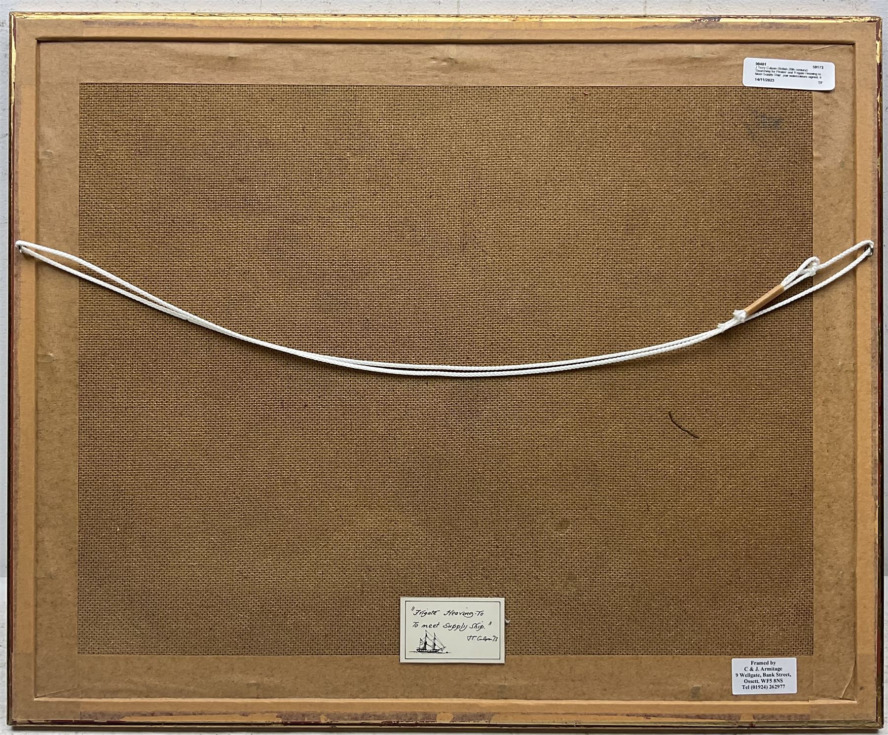 J Terry Culpan (British 20th century): 'Searching for Pirates' and 'Frigate Heaving to Meet Supply Ship', pair watercolours signed, titled verso 26cm x 37cm (2)