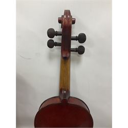 Four violins 1/8th size; half size with Nicolas Bertholini label; three-quarter size with Stradivarius copy label; and full size with Marquis De L'Air label (4)