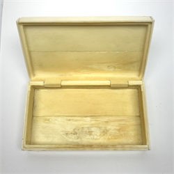 Modern bone box of oblong form, the hinged lid with scrimshaw style decoration of figures being rescued from a wrecked ship by a coast L10.5cm