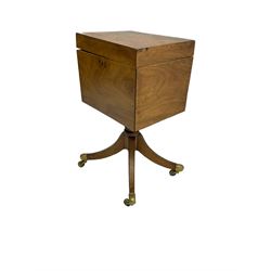 Regency mahogany cellarette on stand, rectangular top with hinged lid, raised on turned pedestal terminating in quadrupod base with brass cups and castors
