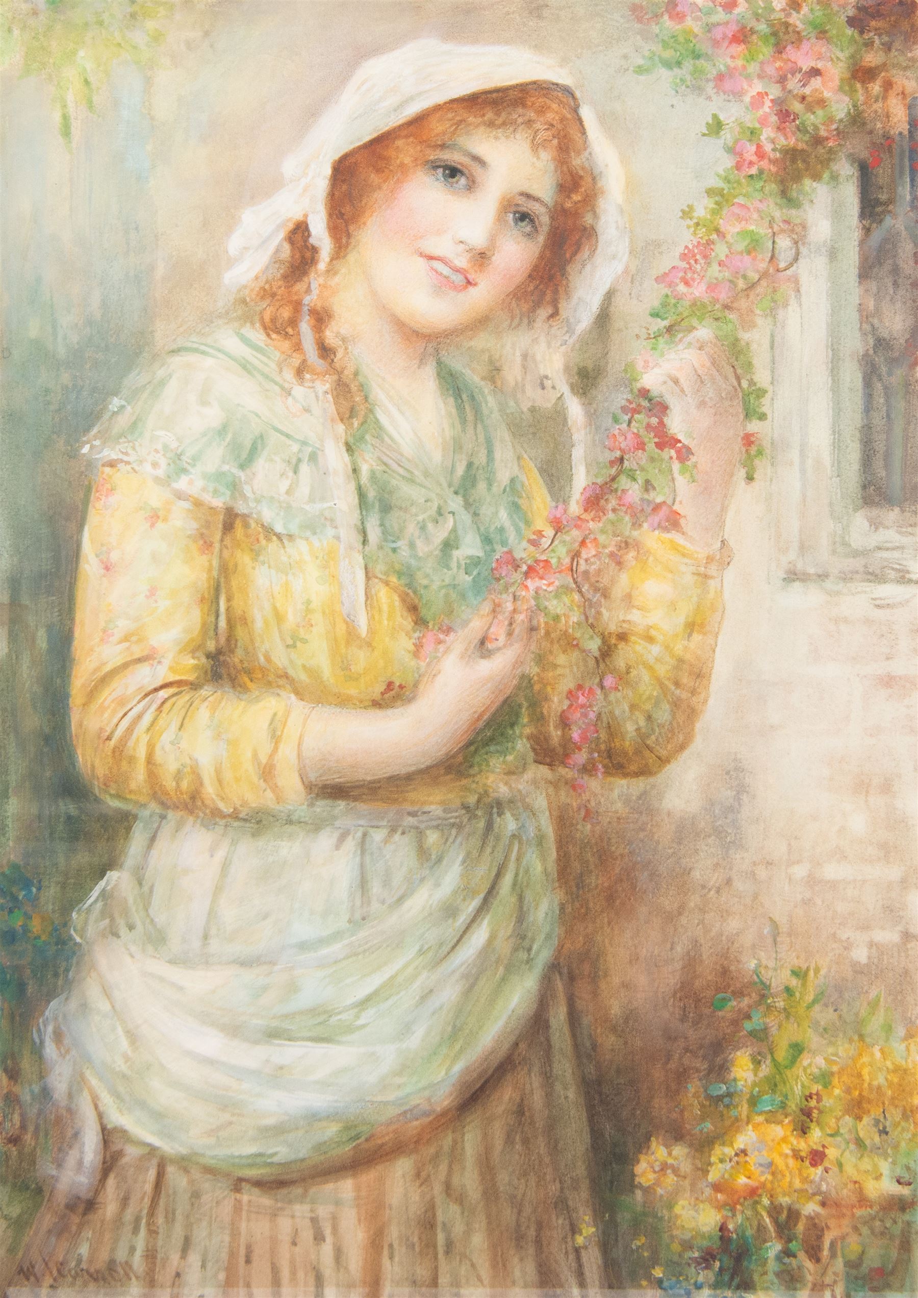 William Joseph Carroll (British 1842-1902): Country Girl Holding Blossom, watercolour signed 60cm x 43cm
