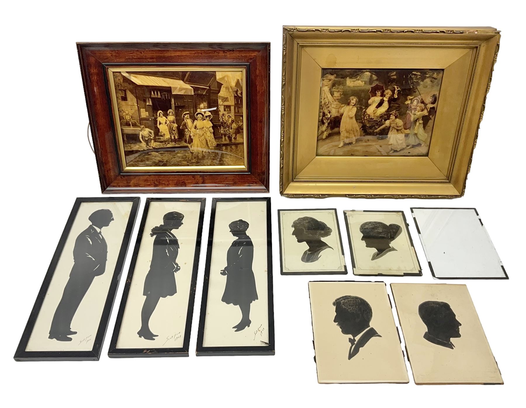 Three early 20th century full profile framed silhouettes, each signed Scot-Ford 1929, together with four hand painted portrait silhouettes and two framed crystoleums, depicting figural scenes (9), largest H35cm