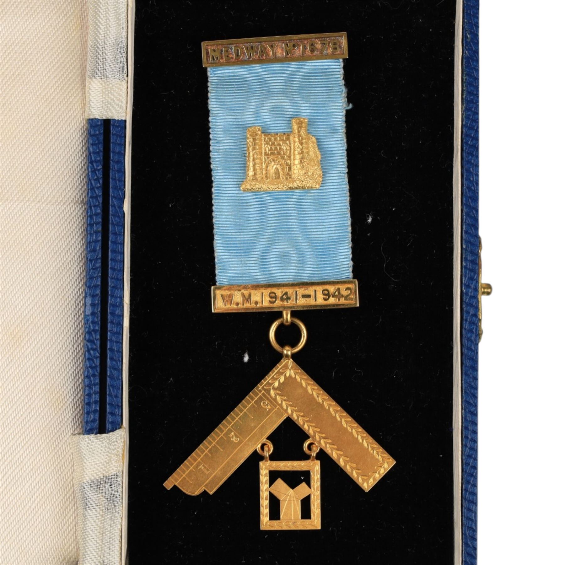 15ct gold Masonic jewel, with two gold bars on blue ribbon, bars and pendant stamped 15c, boxed