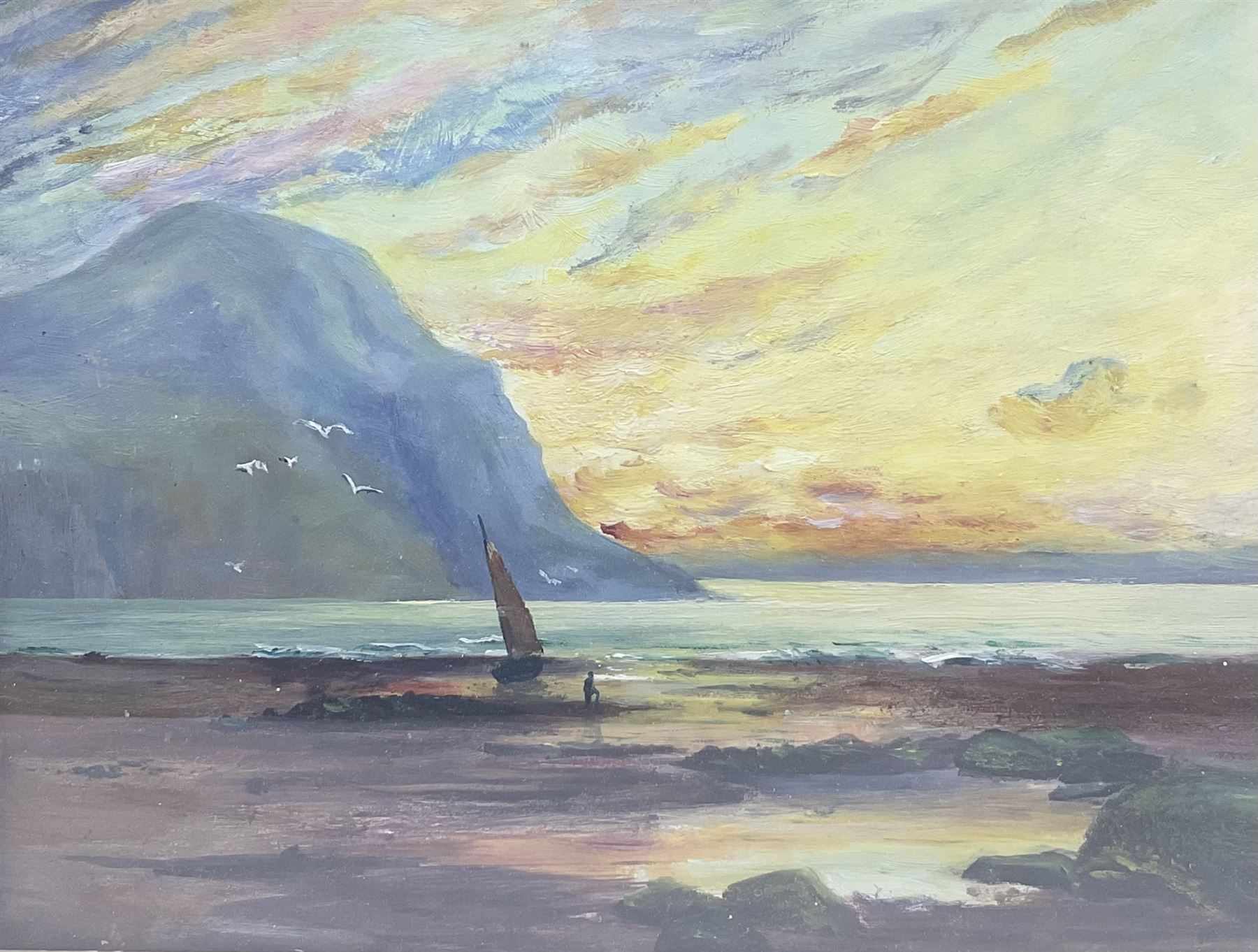 A R Skelton (British 19th/20th century): Low Tide at Sunset, oil on board signed 24cm x 28cm