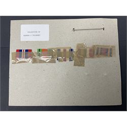 Representative display of WWII Campaign Stars and Medals comprising Burma Star, Italy Star, France & Germany Star, Defence Medal and War Medal 1939-1945; together with the corresponding group of miniatures; all with ribbons