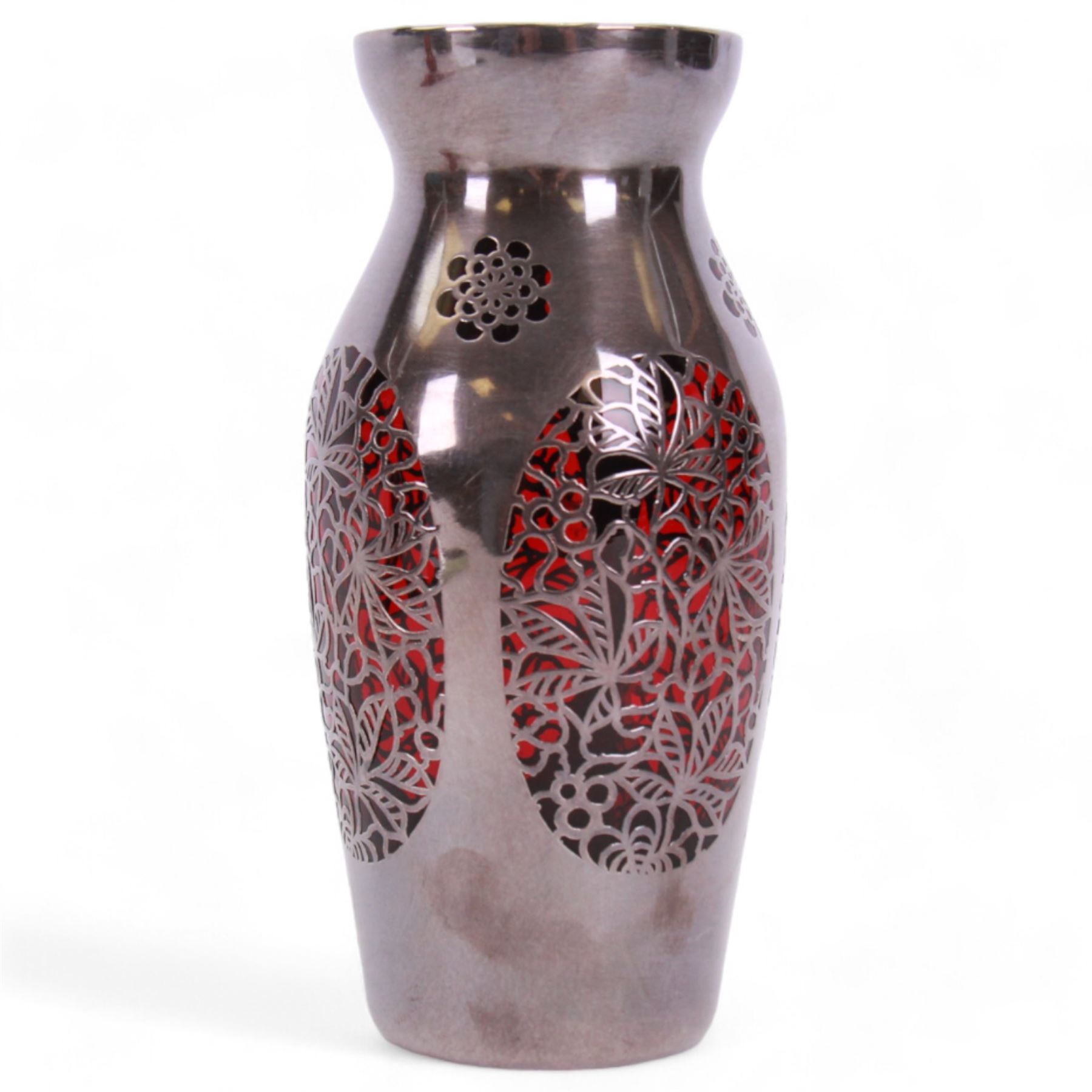 20th century, Jean Beck and Friedrich Deusch, ruby red glass vase, decorated in silver overlay with panels of foliage detail, H15cm