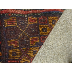  Baluchi red ground rug, two medallions, repeating border, 150cm  88cm  