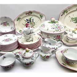 Matched Copeland Spode, Spode and French Luneville and Marlborough Sprays pattern dinner and tea wares, comprising two tureen and covers and apple finials, two sauce tureen and covers with pear finials and fixed stands, six graduated platters including two pairs, large plate, thirteen dinner plates, twelve bowls, ten smaller bowls, eight side plates, eleven smaller side plates, teapot, twin handled sucrier and cover with apple finial, open sucrier, cream jug, smaller cream jug, four breakfast cups, eight tea cups, four large saucers, eleven smaller saucers, and nine further smaller saucers. 