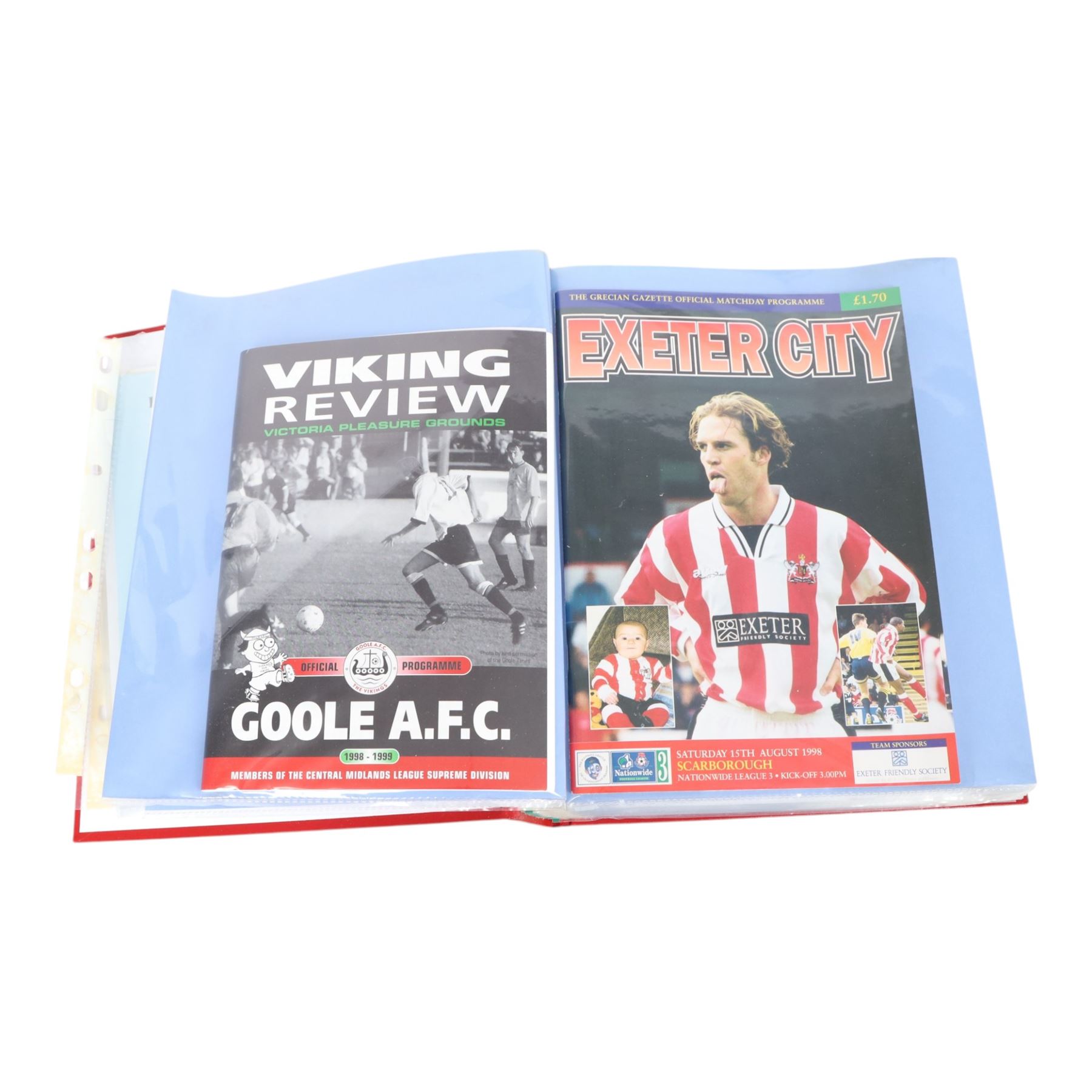 Comprehensive collection of approximately one-hundred and seventy Scarborough FC football programmes for the 1996/97, 1997/98 and 1998/99 seasons, all filed within six dedicated Scarborough FC red Home and Away binders