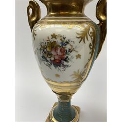 Pair French porcelain urn shaped vases, panels painted with flowers by Bordier, H30cm (2) 