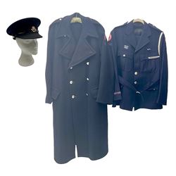 1950s British Red Cross North Yorkshire dress uniform comprising tunic, trousers, greatcoat and visor cap; bears manuscript label '1956 Ware'
