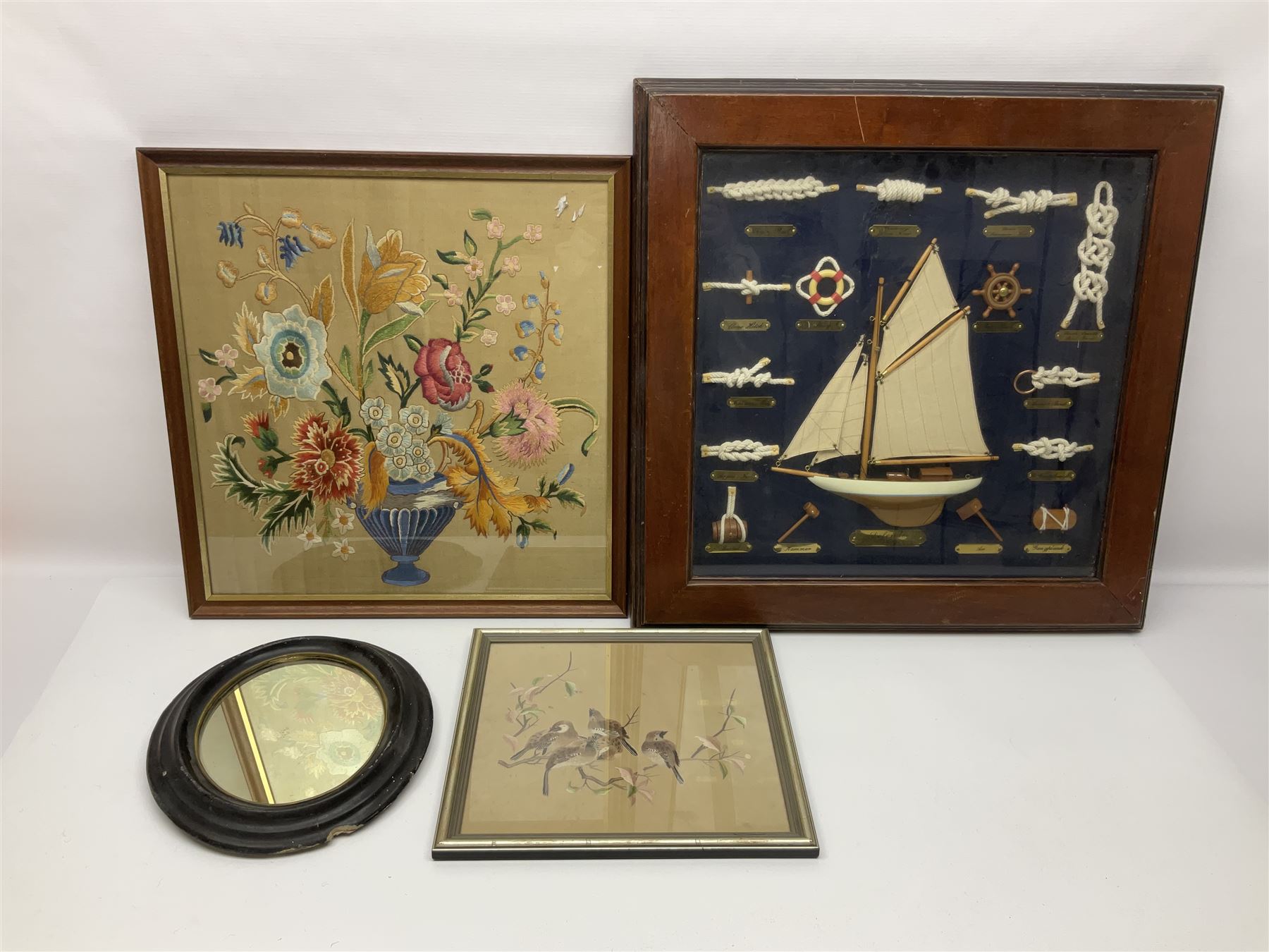 Shove ha'penny board, together with a maritime diorama, small oval mirror, rugs etc