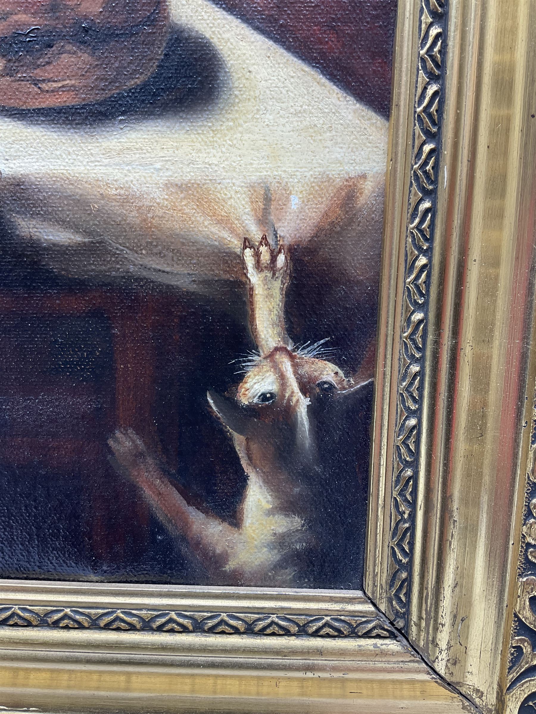 David Thompson (British 20th century) after Nicolaes Maes (Dutch 1634-1693): 'Old Dutch Woman Saying Grace', oil on canvas after the original housed in the Rijksmuseum, signed titled and dated 1974 verso 54cm x 44cm