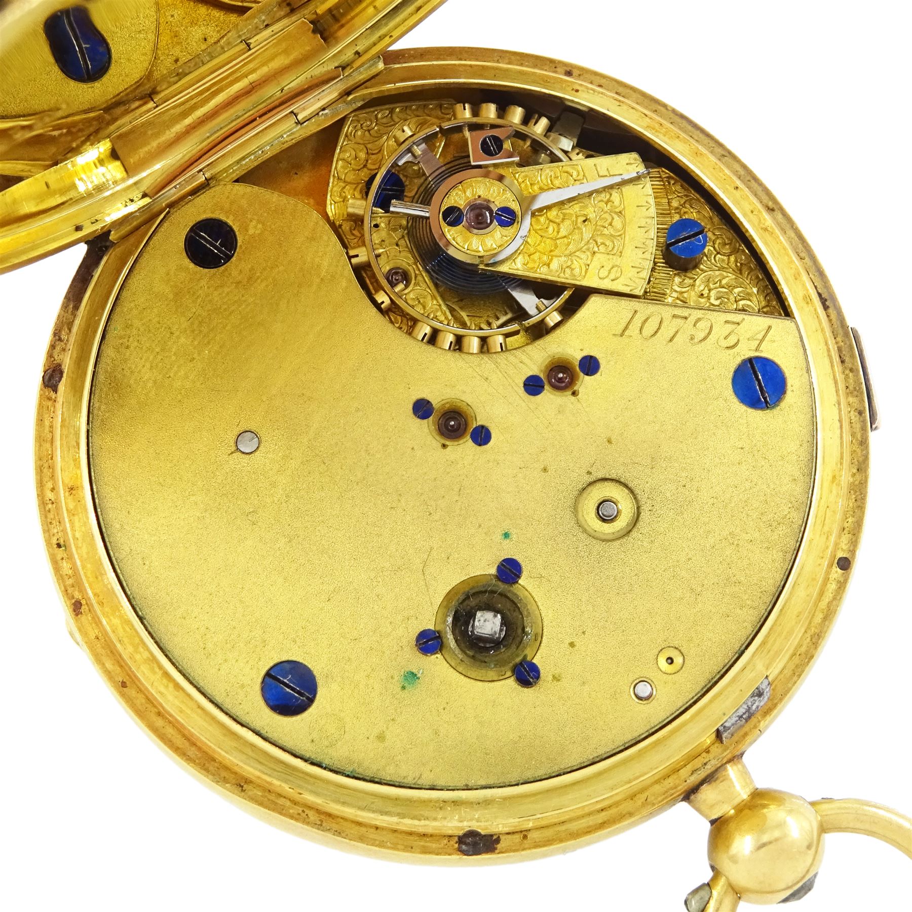 Victorian 18ct gold centre seconds key wound chronograph pocket watch No. 107934, white enamel dial with Roman numerals, outer track numbered 25-300, case by Isaac Jabez Theo Newsome, Chester 1892