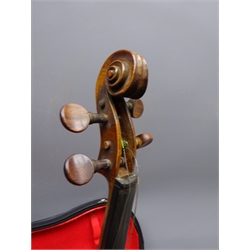  Late 19th/early 20th century continental violin with 37cm two-piece maple back and ribs and spruce top, L60cm overall, in carrying case with bow  