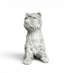 Collection of decorative cast stone garden pieces, comprising three graces bird bath, three urn planters, urn base, figure of girl and a Scottie dog (7)