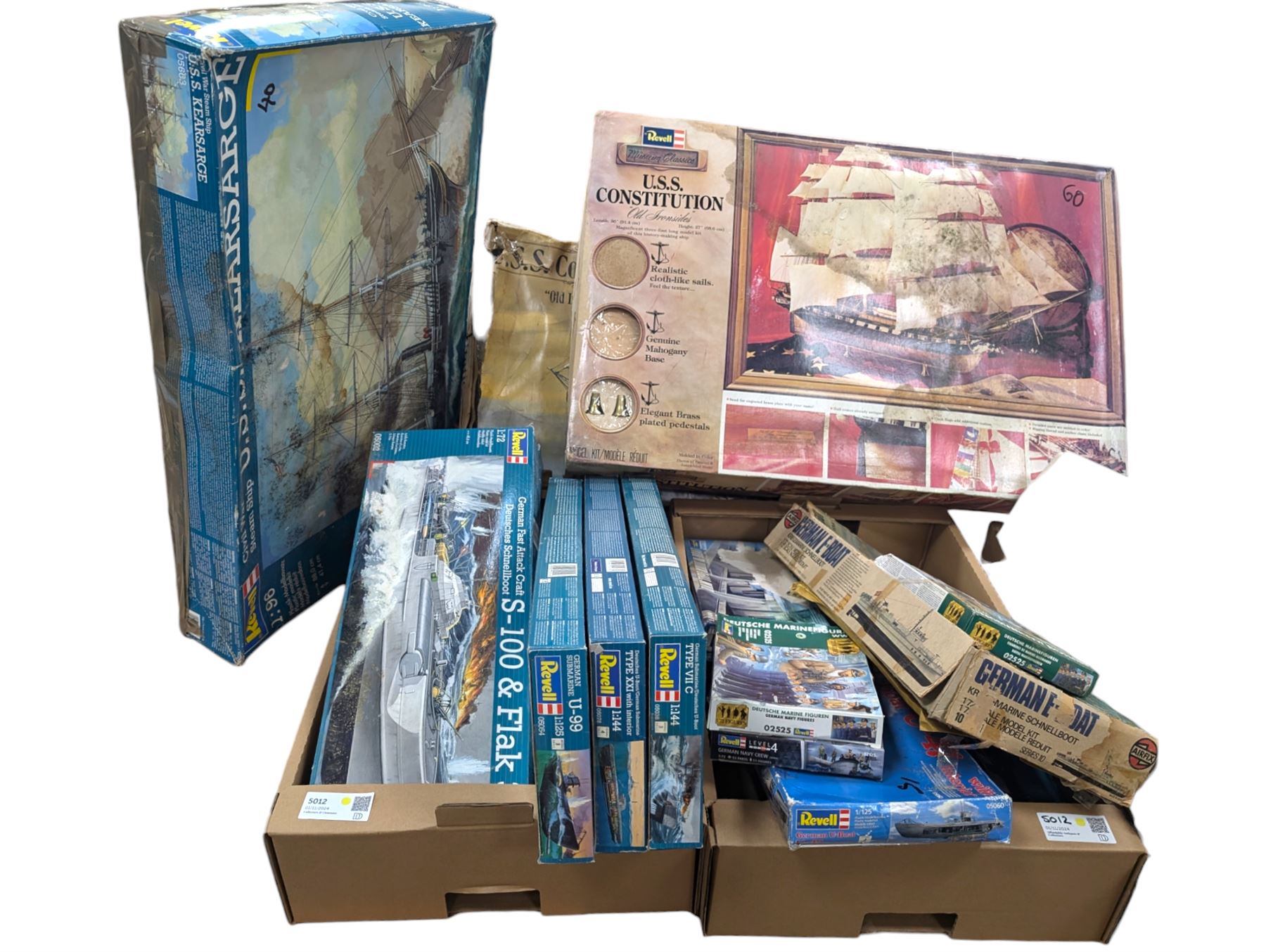 Collection of Revell military model building kits, including three USS Constitution examples, S-100 & Flak, German Submarine U99 and other similar model kits