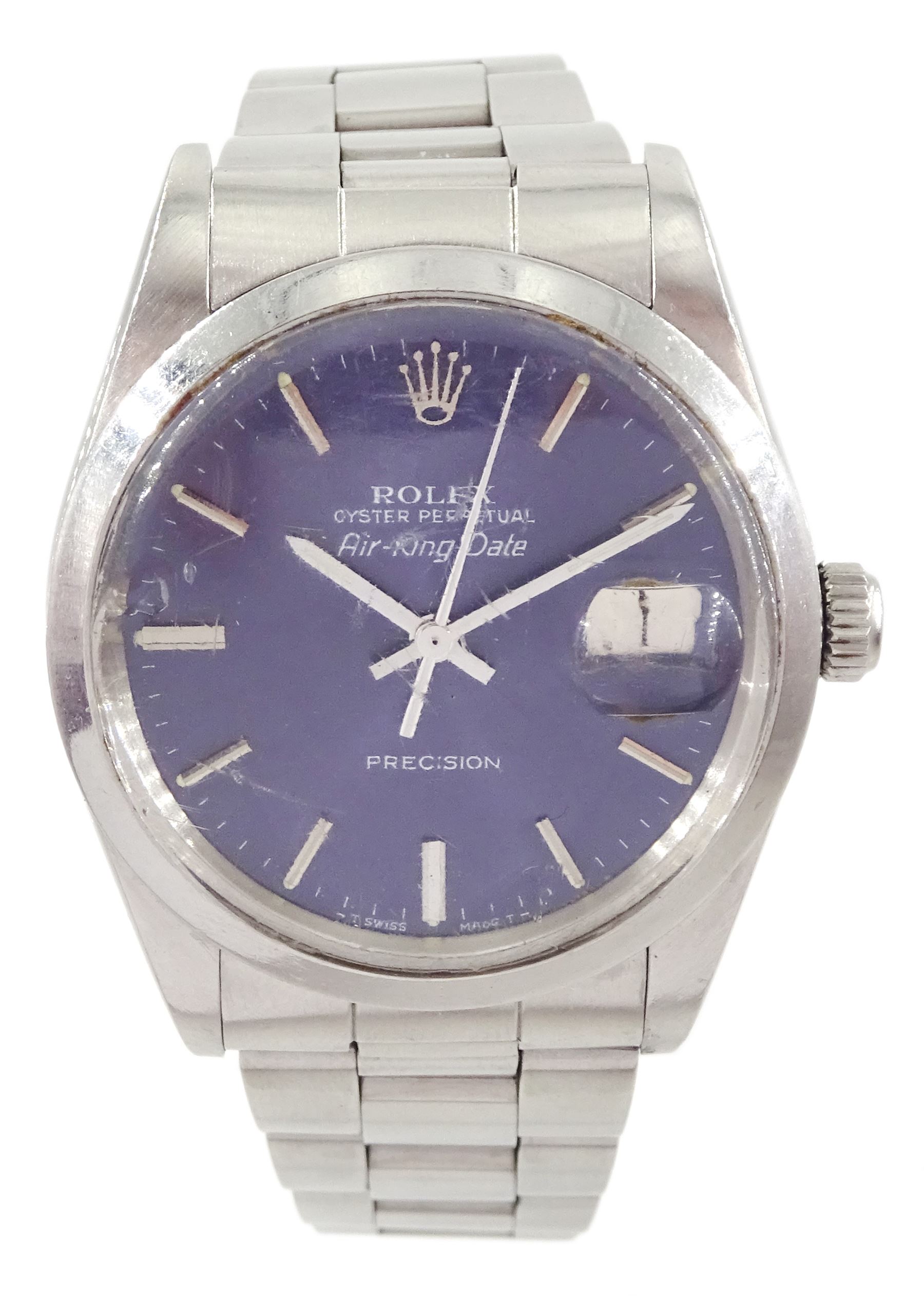 Rolex Oyster Perpetual Air-King Date gentleman's stainless steel automatic wristwatch, Ref. 5700N, serial No. R235206, blue dial with baton hour markers and date aperture, on stainless steel Oyster bracelet, with fold-over clasp