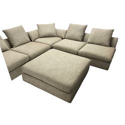 Contemporary corner sofa upholstered in grey fabric (310cm x 282cm); with matching rectangular footstool (110cm x 110cm)
