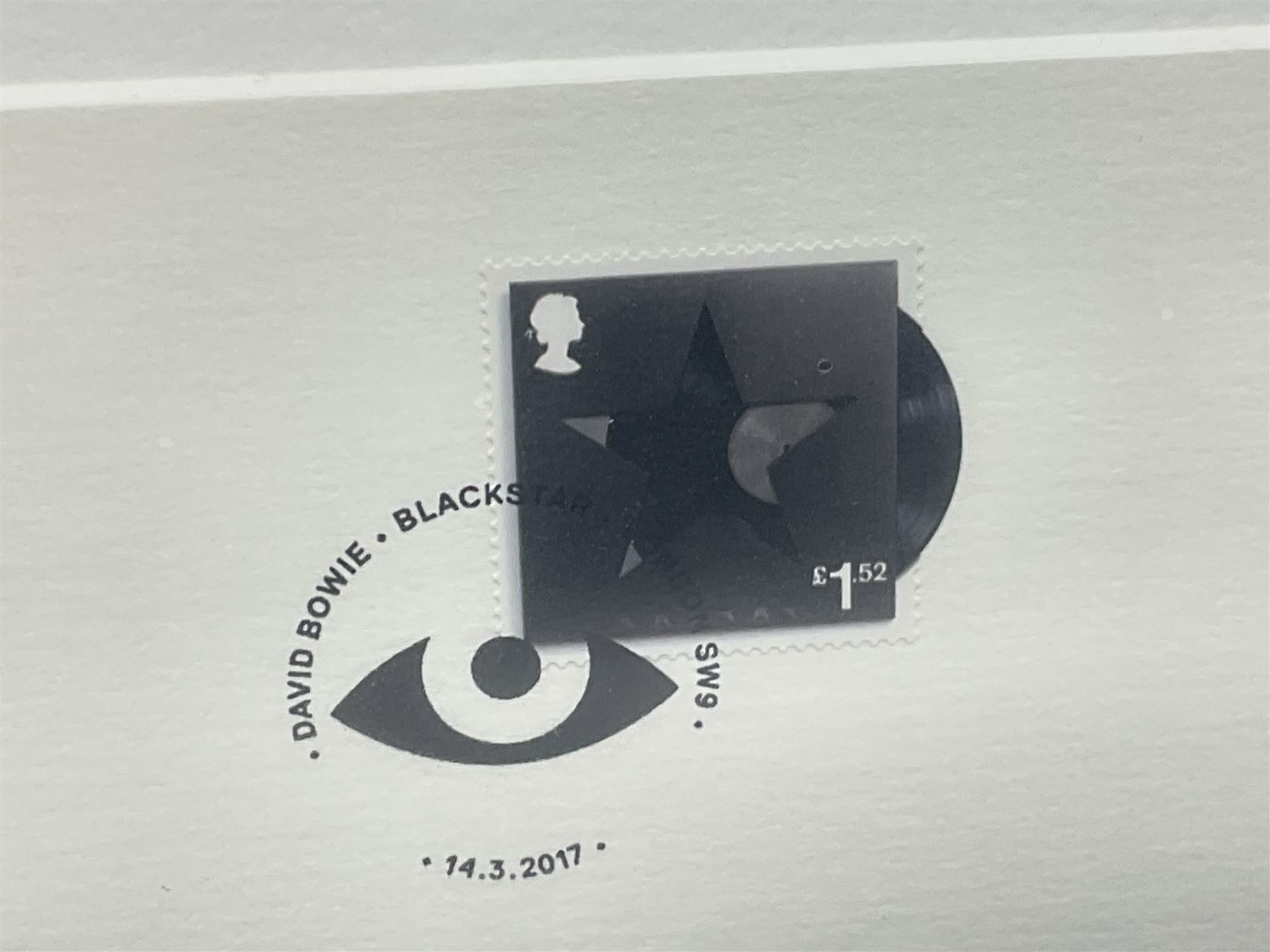 Set of three Royal Mail David Bowie limited edition album stamp prints, comprising Aladdin Sane, Blackstar and Earthling, all framed and in original packaging, H43cm W43cm