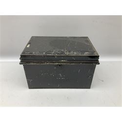 Tin deed box containing quantity of various gauge cartridge re-loading materials including brass cases, swaged lead balls, bullets etc