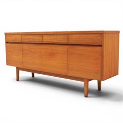 Mid-20th century teak sideboard, rectangular top above four frieze drawers with recessed handles, flanked by two cupboard doors with fall front central media cupboard
