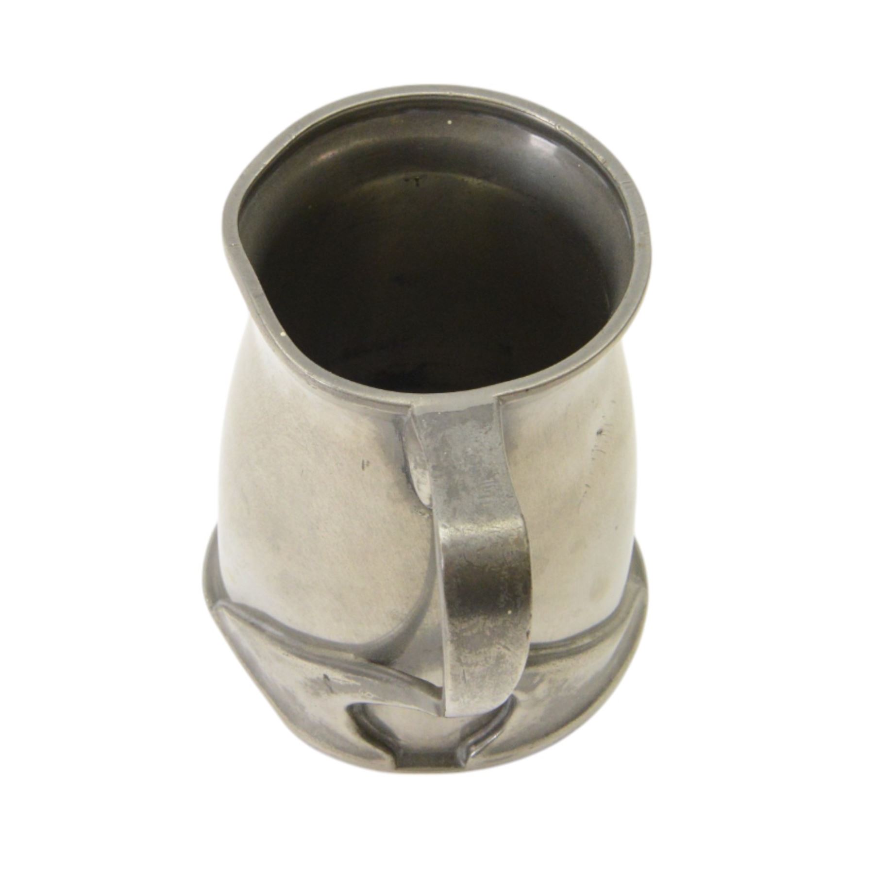 Liberty & Co Tudric pewter tankard, designed by Oliver Baker, model No.066, with a flared rim and whiplash scroll handle, stamped beneath Tudric English pewter, Libery & Co 066