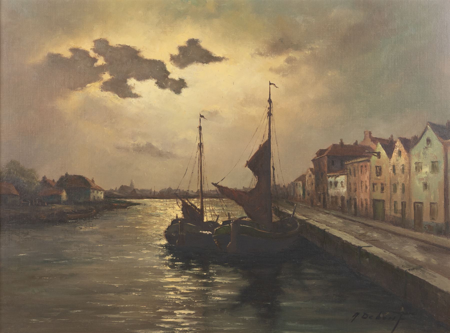 Continental School (20th Century): Harbour Scene, oil on canvas board indistinctly signed 58cm x 78cm; E Atkins (19th Century): Pastoral Scene, oil on canvas indistinctly signed and dated 1879, in gilt frame, 30cm x 60cm (2)
