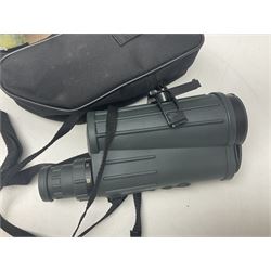 Yukon rubber armoured compact variable power spotting scope (boxed), together with Bresser 10x50 binoculars, Bushnell Excursion 10x42 binoculars, camera equipment etc  