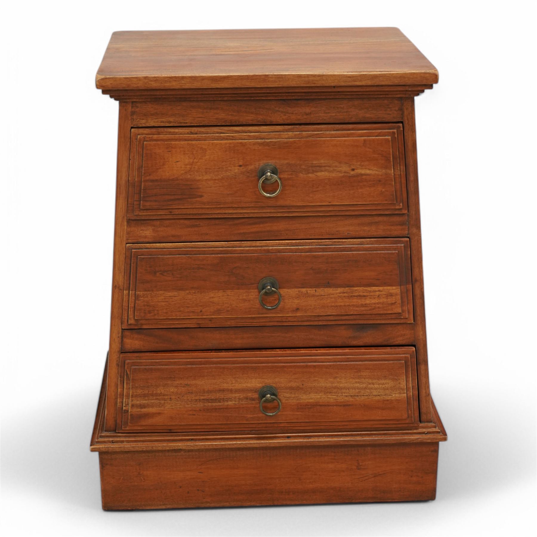 Cherry wood pedestal chest, rectangular tapered from fitted with three drawers, on plinth base