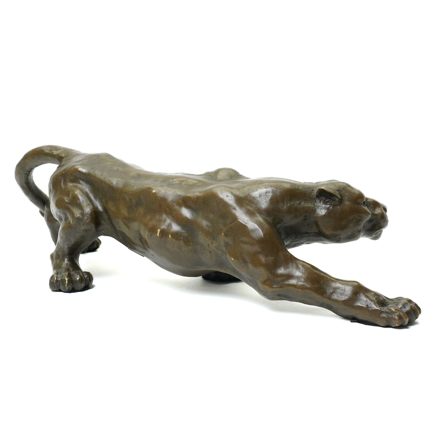 Bronze figure, modelled as a cougar in crouching pose, after Milo and with foundry mark, L42cm 
