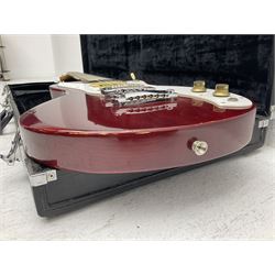 Gibson Marauder style six-string electric guitar with cherry coloured body, marked made in Japan L101cm; in locking hard carry case