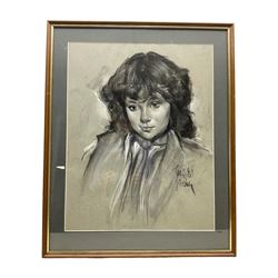 Portrait of a girl, monochrome pastel indistinctly signed 58cm x 45cm