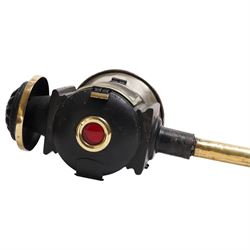 Fuller’s (Bristol) - pair of large Edwardian brass and toleware carriage lamps, the chimney of lobed decoration over a cylindrical body with large circular convex lens with bevelled plate and rear circular red reverse light, on brass cylindrical stem