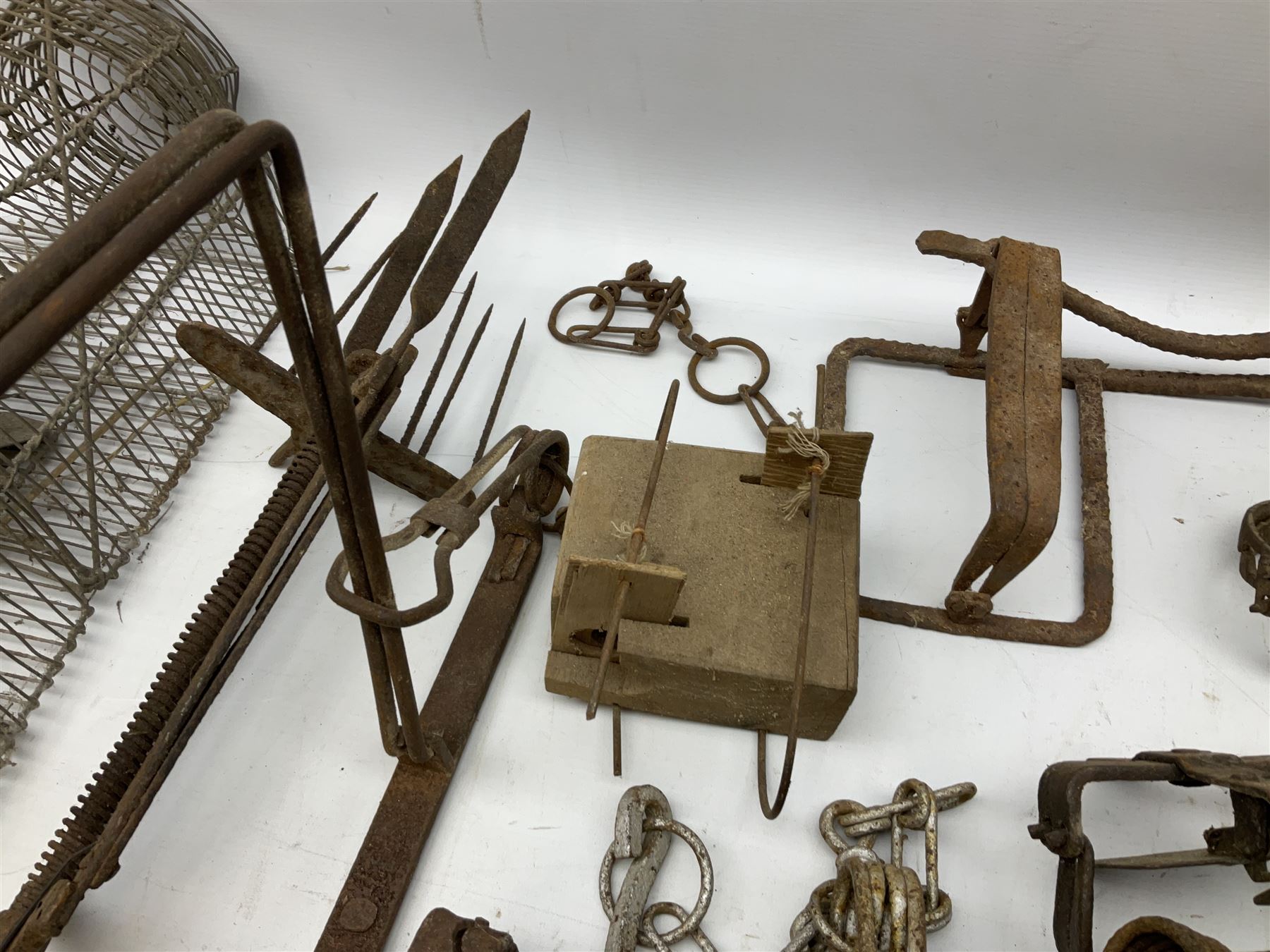 Quantity of animal traps including, gin traps, mole traps, Henri Marty wirework cage trap etc. Auctioneer's Note: These traps are sold as artefacts for ornamental purposes only as the use of some of them is illegal.