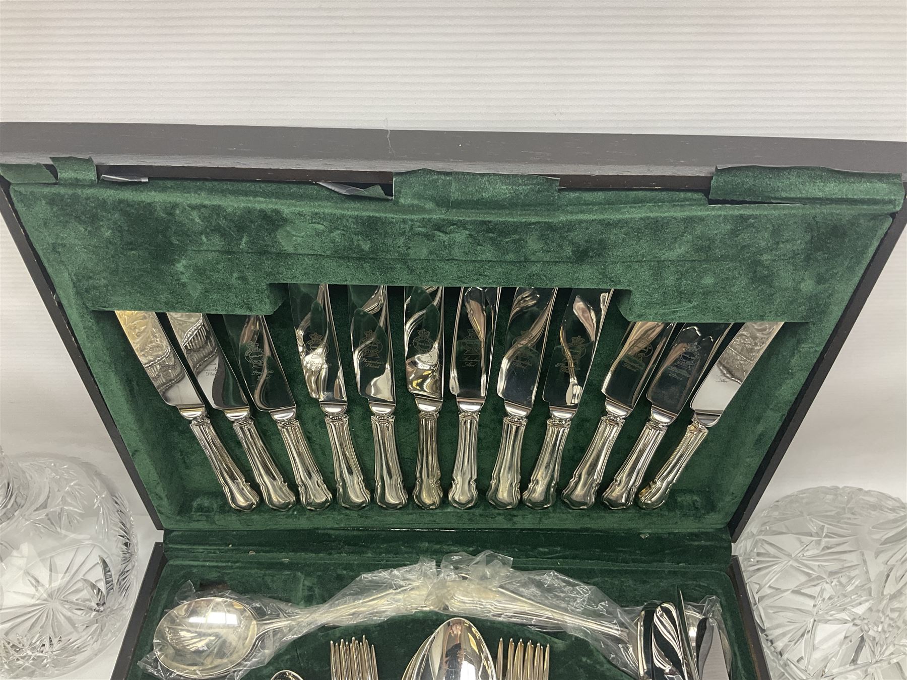 Canteen of cutlery together with Coalport basket, glass decanters and other collectables 