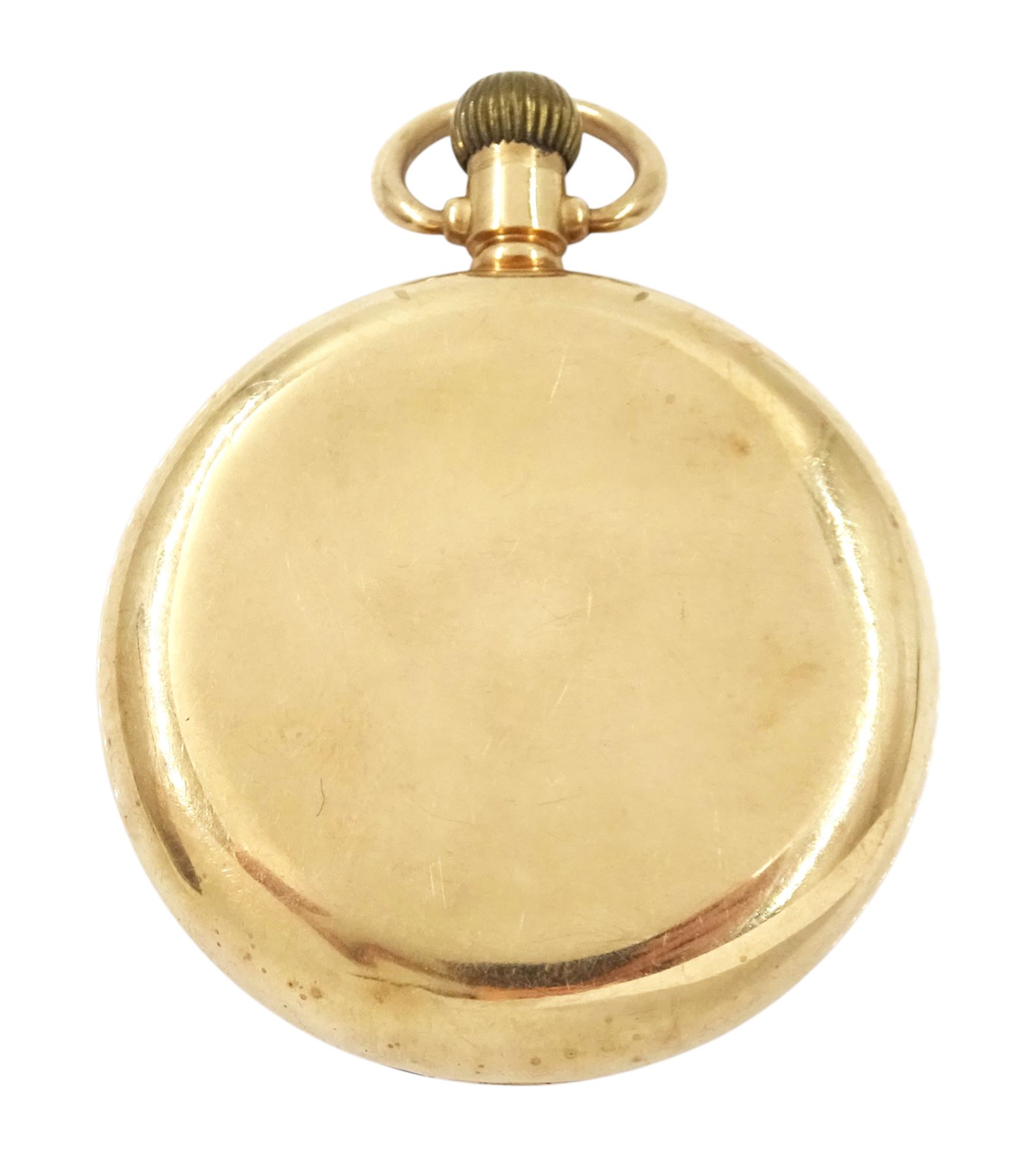 Early 20th century 9ct gold open face keyless lever pocket watch by American Watch Company, Massachusetts, No. 22993016,  white enamel dial with Arabic hour markers and subsidiary seconds dial, case by Dennison, Birmingham 1923