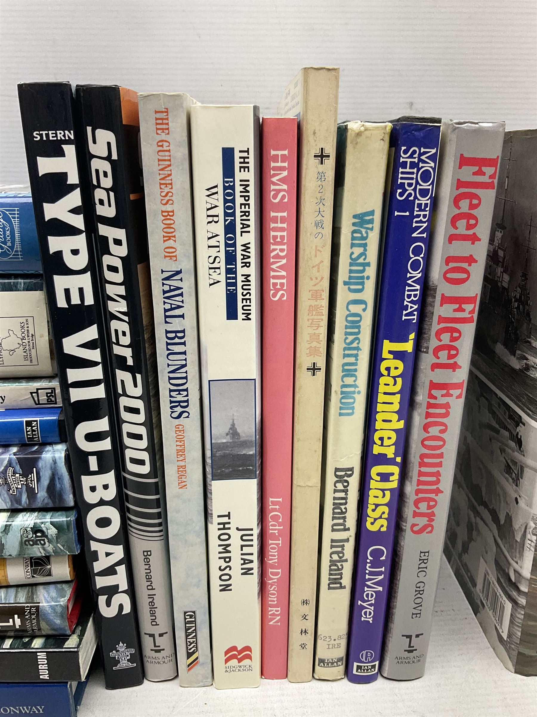 Thirty books of maritime and naval interest including David Hobbs: The British Pacific Fleet; Ian Marshall: Armoured Ships; M.J. Whitley: Cruisers of WW2, German Cruisers of WW2 and German Coastal Forces of WW2; books on warships, U-Boats, combat ships etc