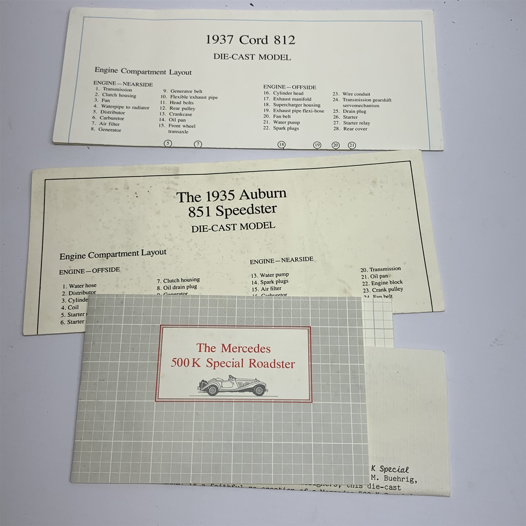 Four Franklin Mint die-cast model cars comprising 1935 Auburn 851 Speedster, 1937 Cord 812, 1935 Mercedes Benz 500K Special Roadster and 1938 Jaguar SS-100, all in polystyrene packaging, all but Jaguar with paperwork (4)