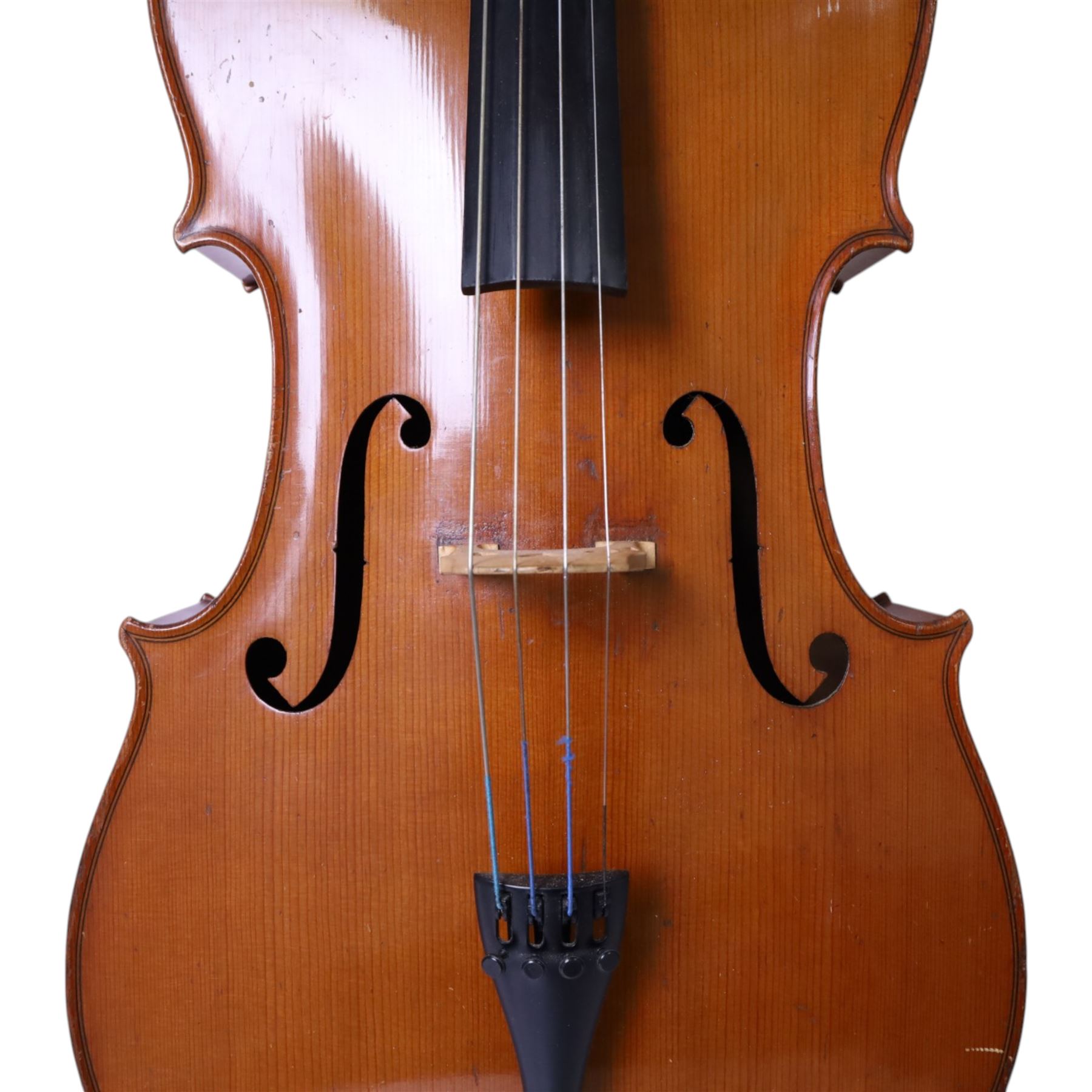 19th century cello, with two piece back, ebonised finger board and pegs, contained within Hiscox Lifelite case, cello back length 76cm